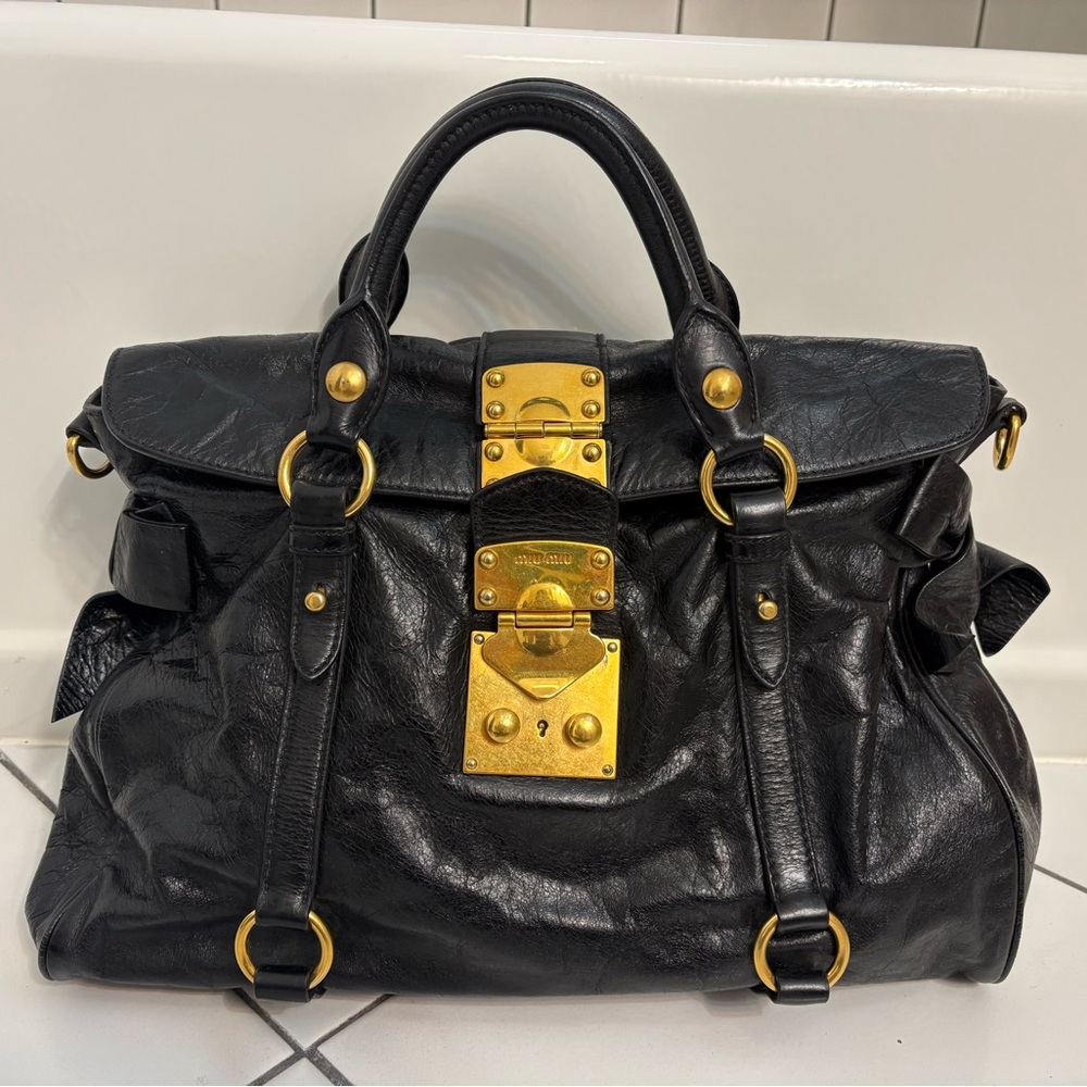 Miu Miu Vitello Lux Black Leather Bag with Gold Hardware and Bows